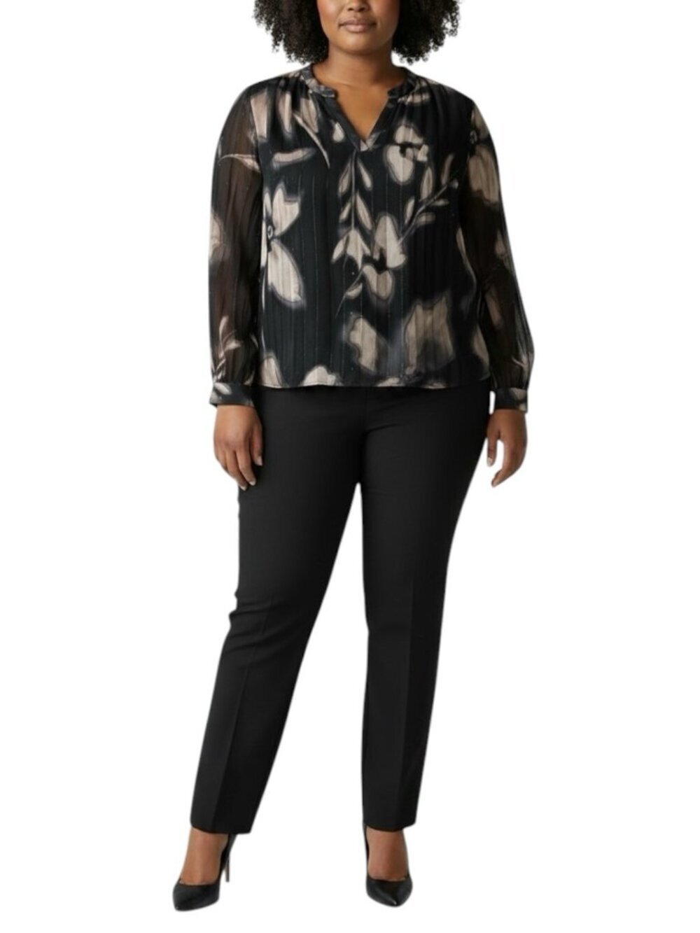 Socialite Blouse Top XL Petite Long Sleeve V-Neck Career Office Black Abstract